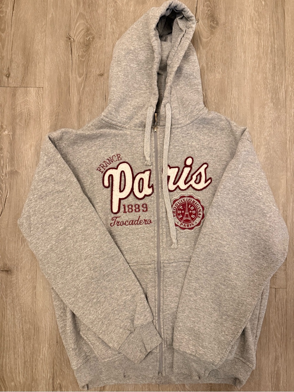 Light Gray Hooded Zip Sweatshirt with Red Paris Label